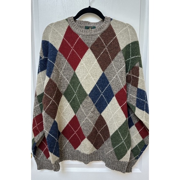 Vintage CLUB ROOM Argyle Sweater Men L Red Blue Green Shetland Wool Hong Kong - Picture 8 of 8